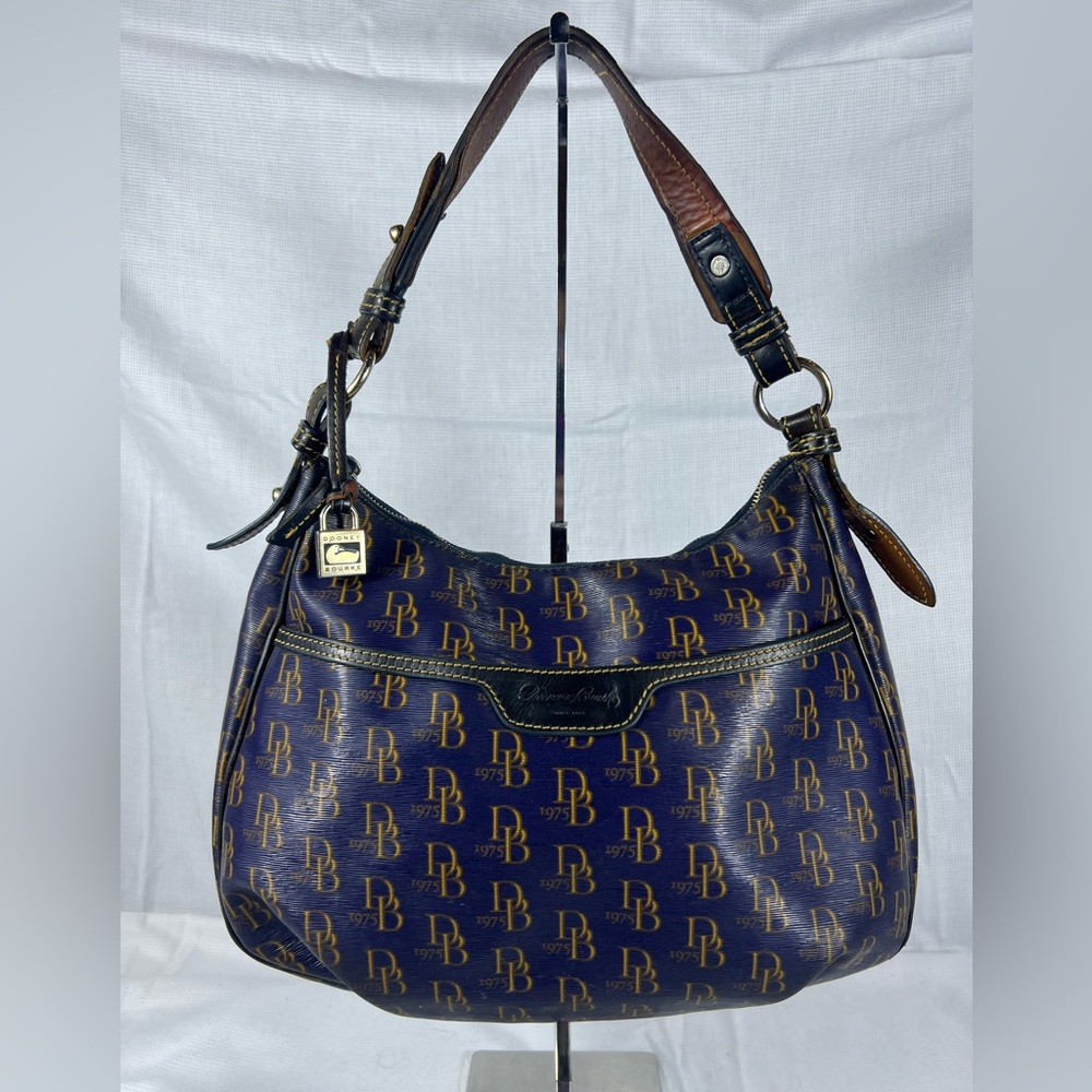 Dooney & Bourke DB 1975 Monogram Hobo Shoulder Bag Blue Coated Canvas